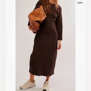 Free People Gabby Seamless Midi Dress Fall Textured Long-Sleeve Open Back  XS S